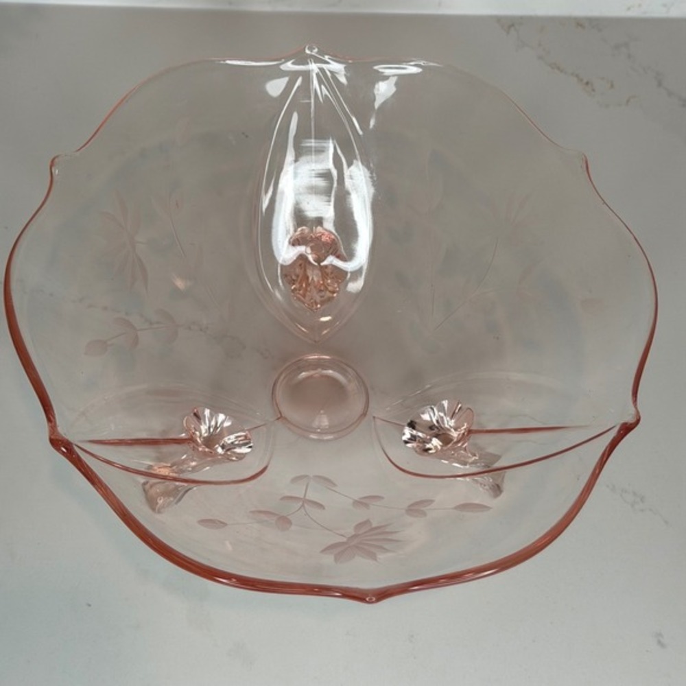 Lancaster Glass Jubilee‎ Pattern Three-Footed Bowl Etched Floral Design - Picture 2 of 9